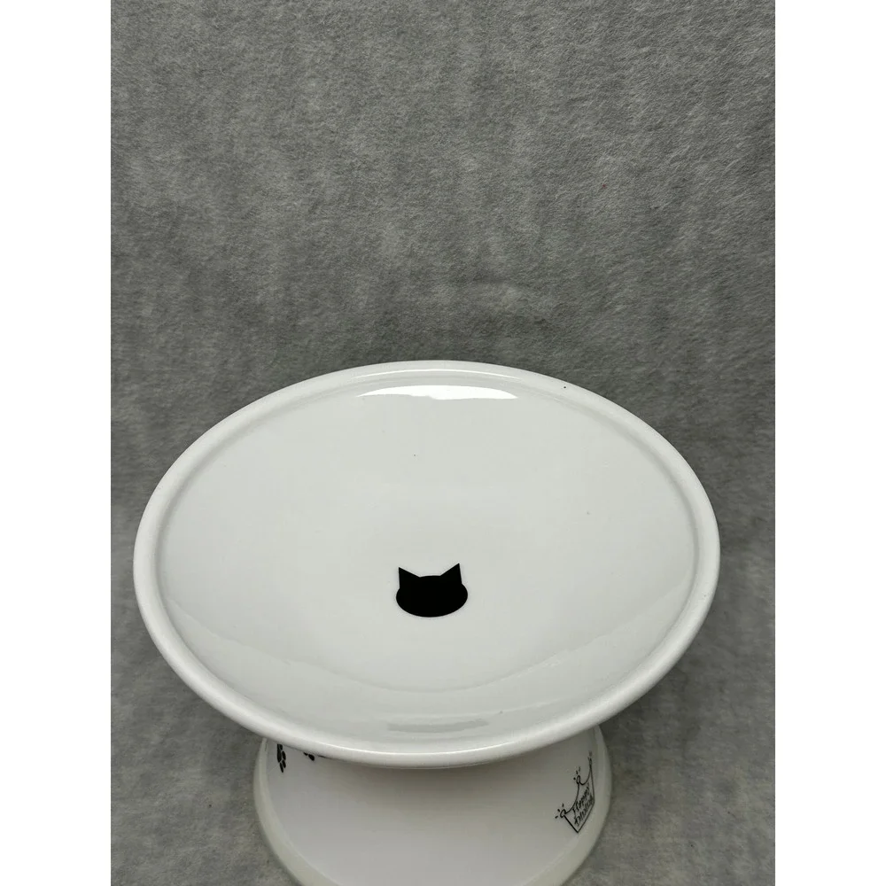 Necoichi Raised Cat‎ Food Bowl White Ceramic Paw Print Happy Dining Kitten